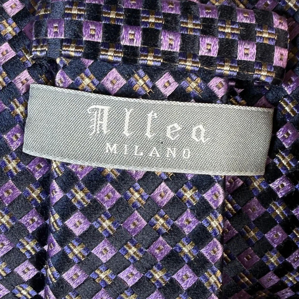 Altea Milano Mens Purple Black Geometric Check Silk Tie Handmade Italy 3.75in